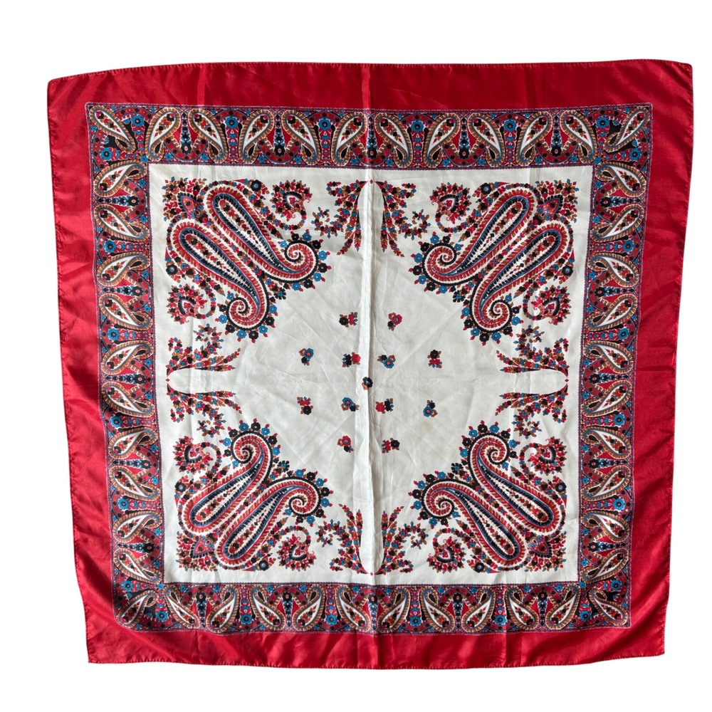 Vintage 1970s Red White Blue Paisley Print Scarf Satin Border Square 27in